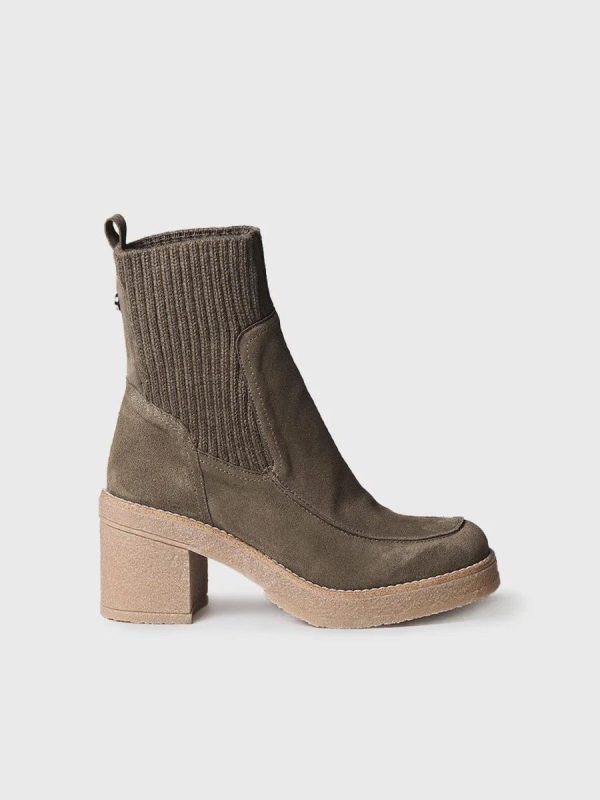 Toni pons ireland anckle boot leather boot davinia green boot PRAGA-SY - Women’s block-heel ankle boot in split leather and knit fabric army